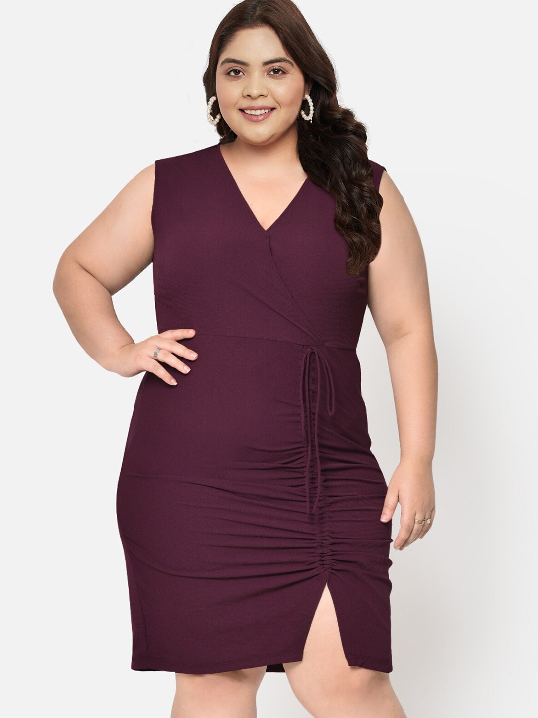 

wild U Plus Size Ruched Front Slit Dress, Burgundy