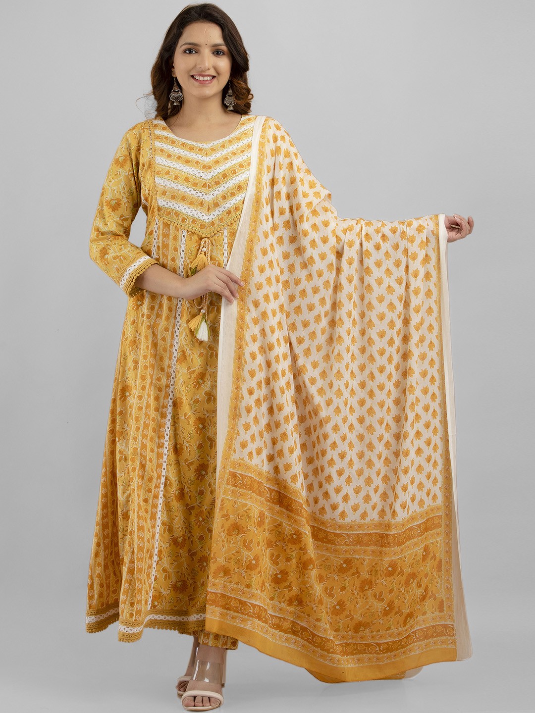 

PREKSHA Floral Printed Pure Cotton Kurta with Trousers & Dupatta, Yellow