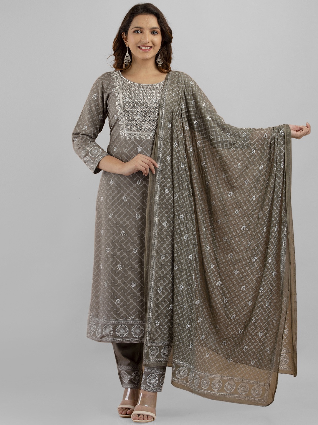

PREKSHA Floral Printed Mirror Work Kurta with Trousers & Dupatta, Grey