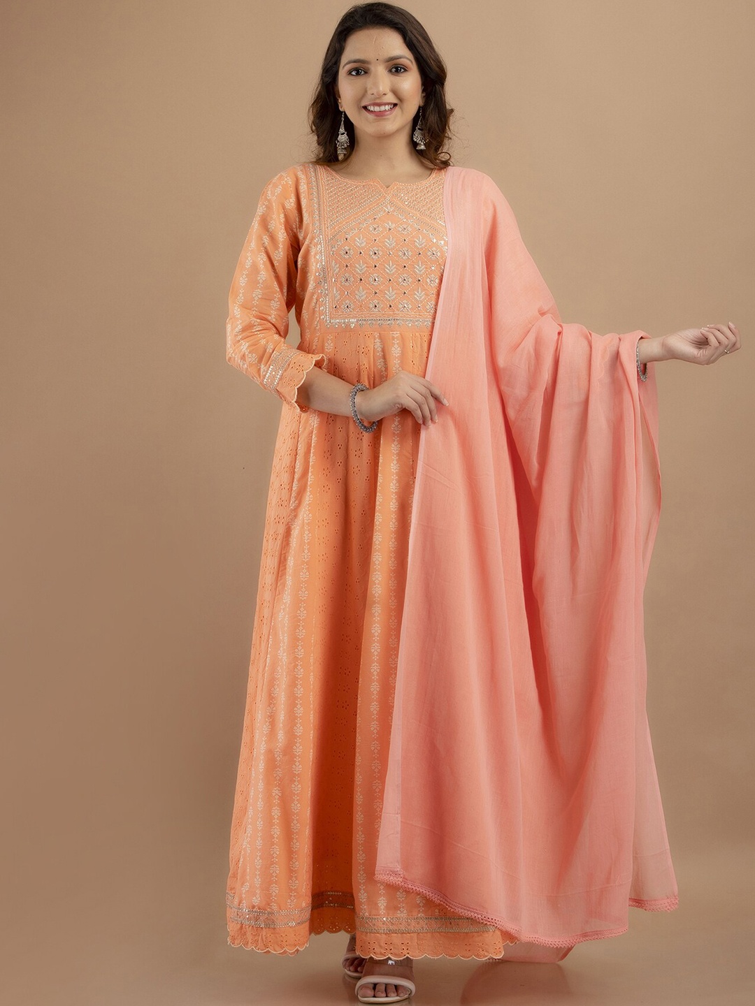 

PREKSHA Floral Printed Empire Mirror Work Pure Cotton Kurta with Trousers & Dupatta, Orange
