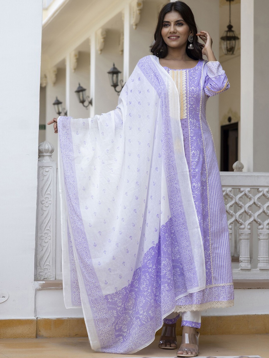 

PREKSHA Women Ethnic Motifs Printed Thread Work Pure Cotton Kurta with Trousers & Dupatta, Violet