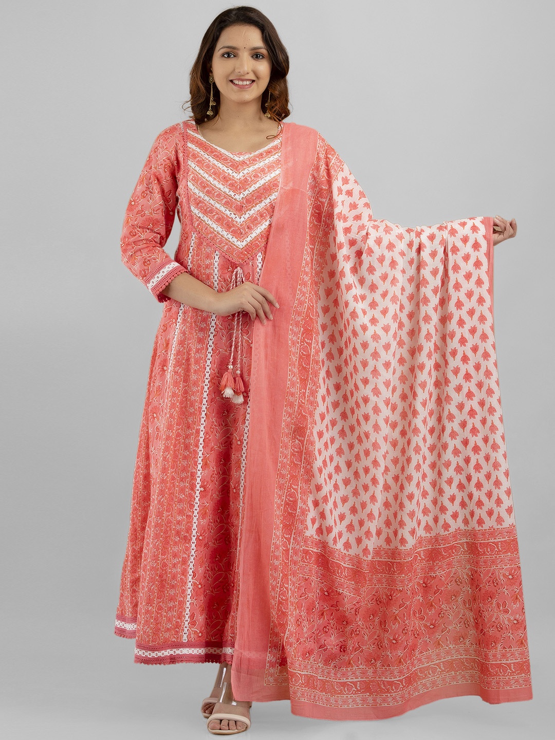 

PREKSHA Women Floral Printed Panelled Pure Cotton Kurta with Trousers & Dupatta, Coral
