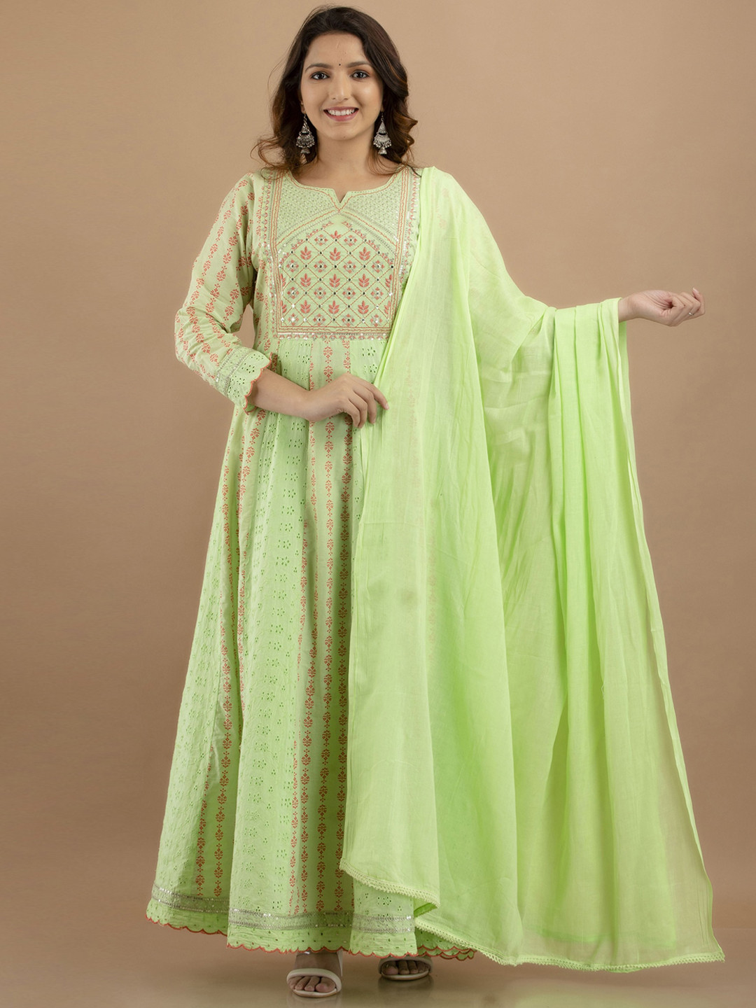 

PREKSHA Women Green Floral Embroidered Mirror Work Pure Cotton Kurta with Trousers & With Dupatta
