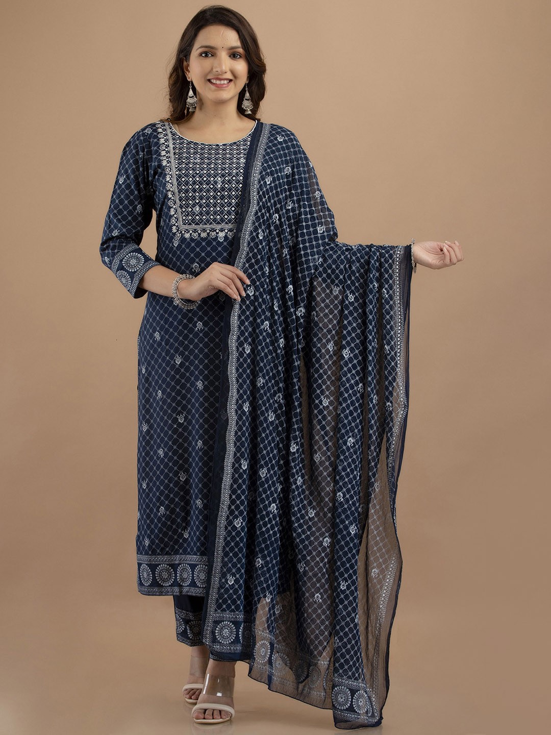 

PREKSHA Women Blue Embroidered Mirror Work Kurta with Trousers & With Dupatta