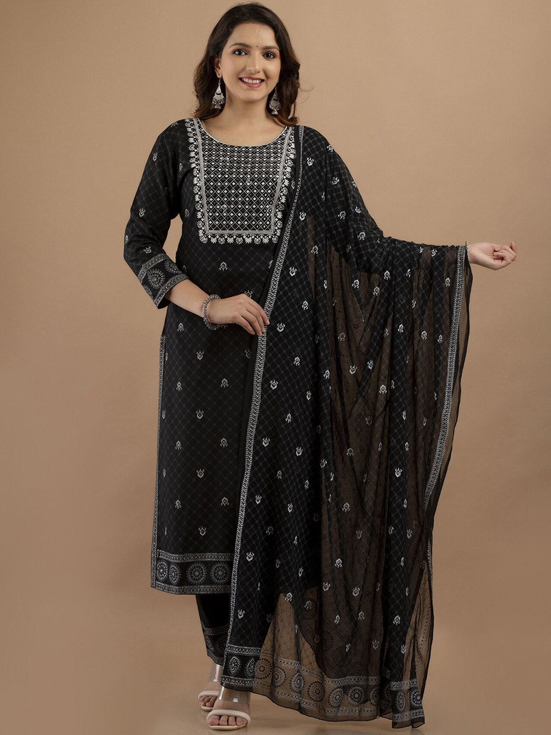 

PREKSHA Women Black Embroidered Mirror Work Kurta with Trousers & With Dupatta