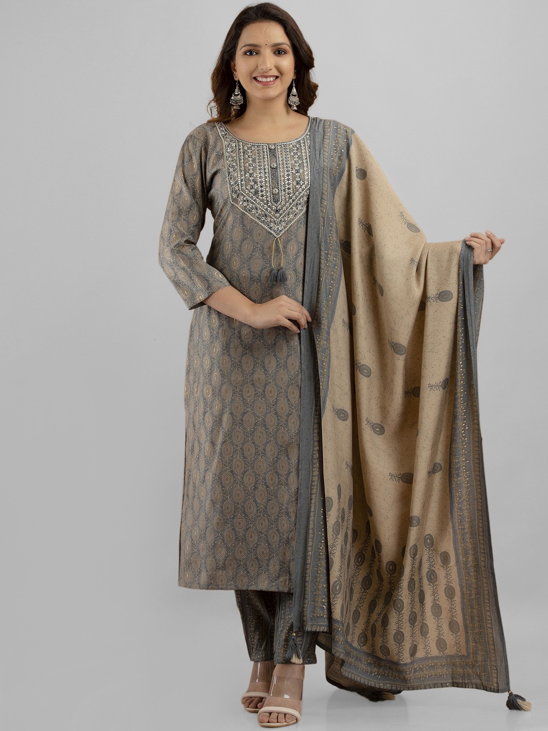 

PREKSHA Women Ethnic Motifs Printed Mirror Work Kurta with Trousers & Dupatta, Grey