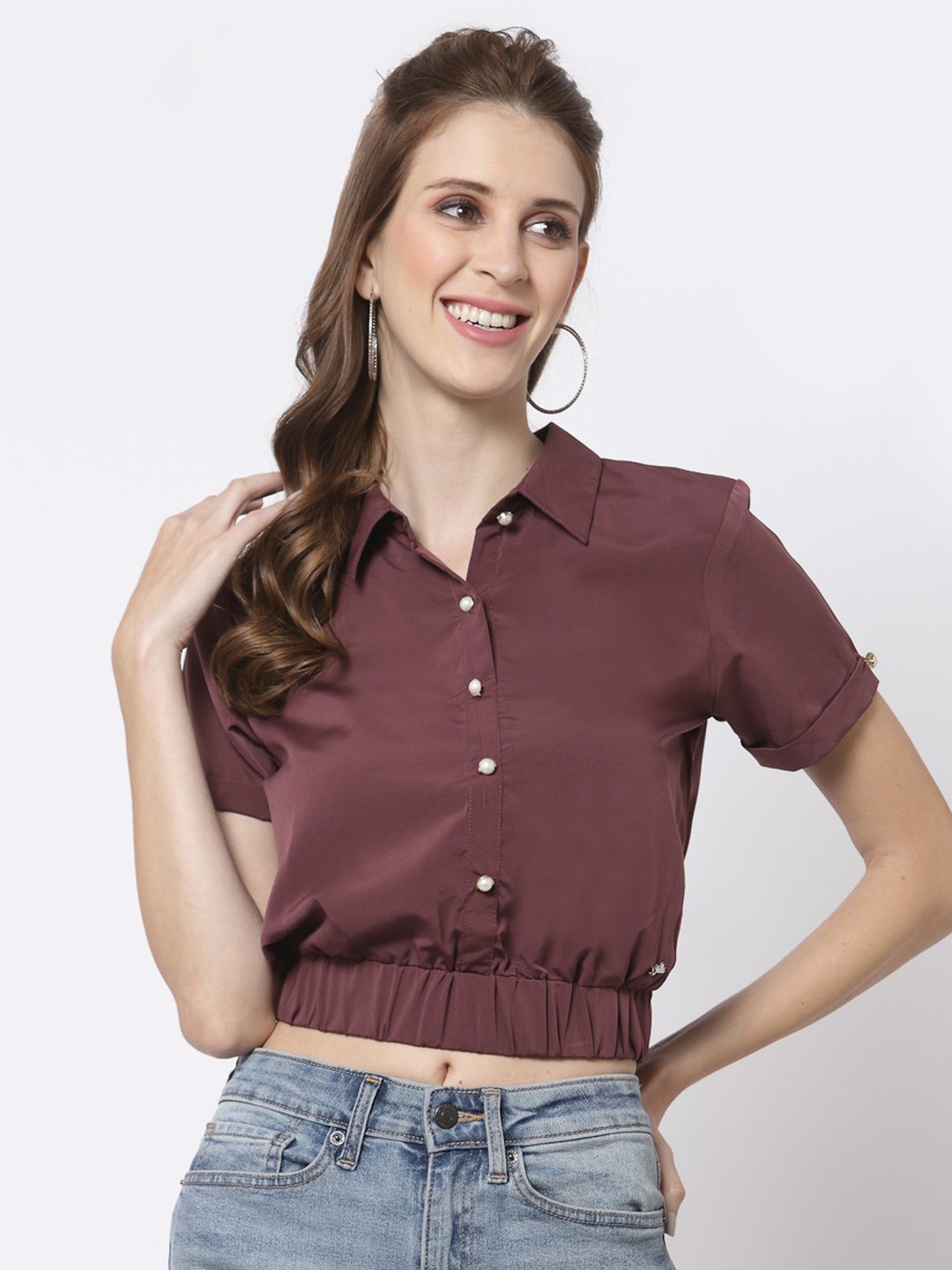 

Juelle Shirt Style Crop Top, Maroon