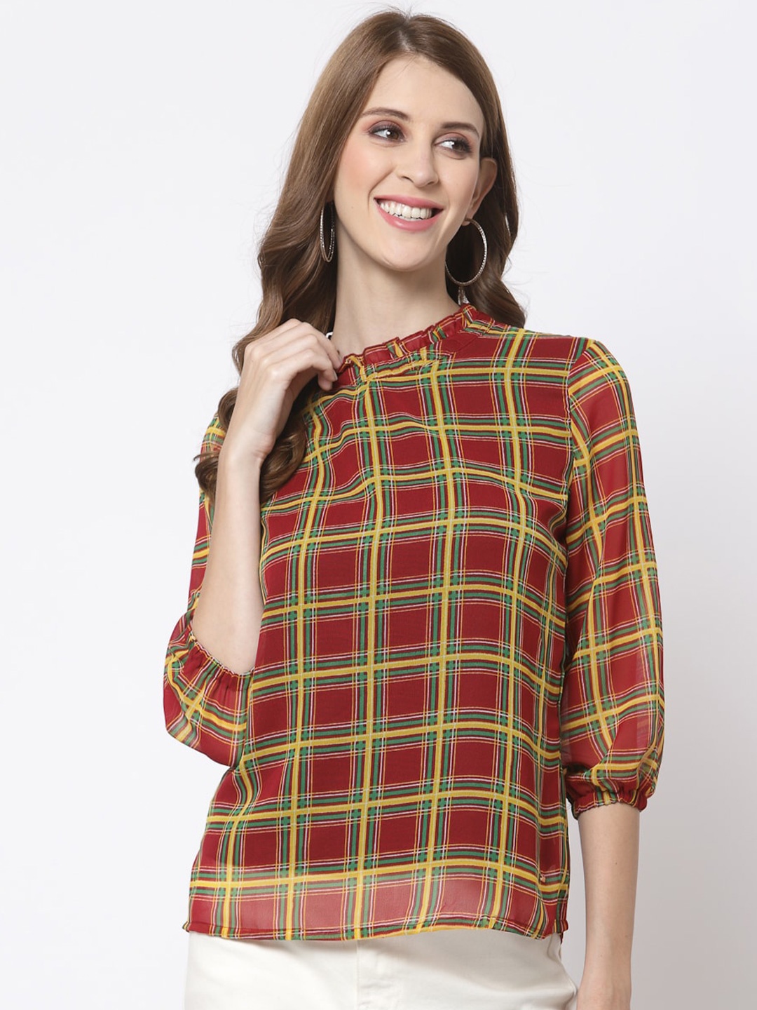 

Juelle Checked Mandarin Collar Top, Rust