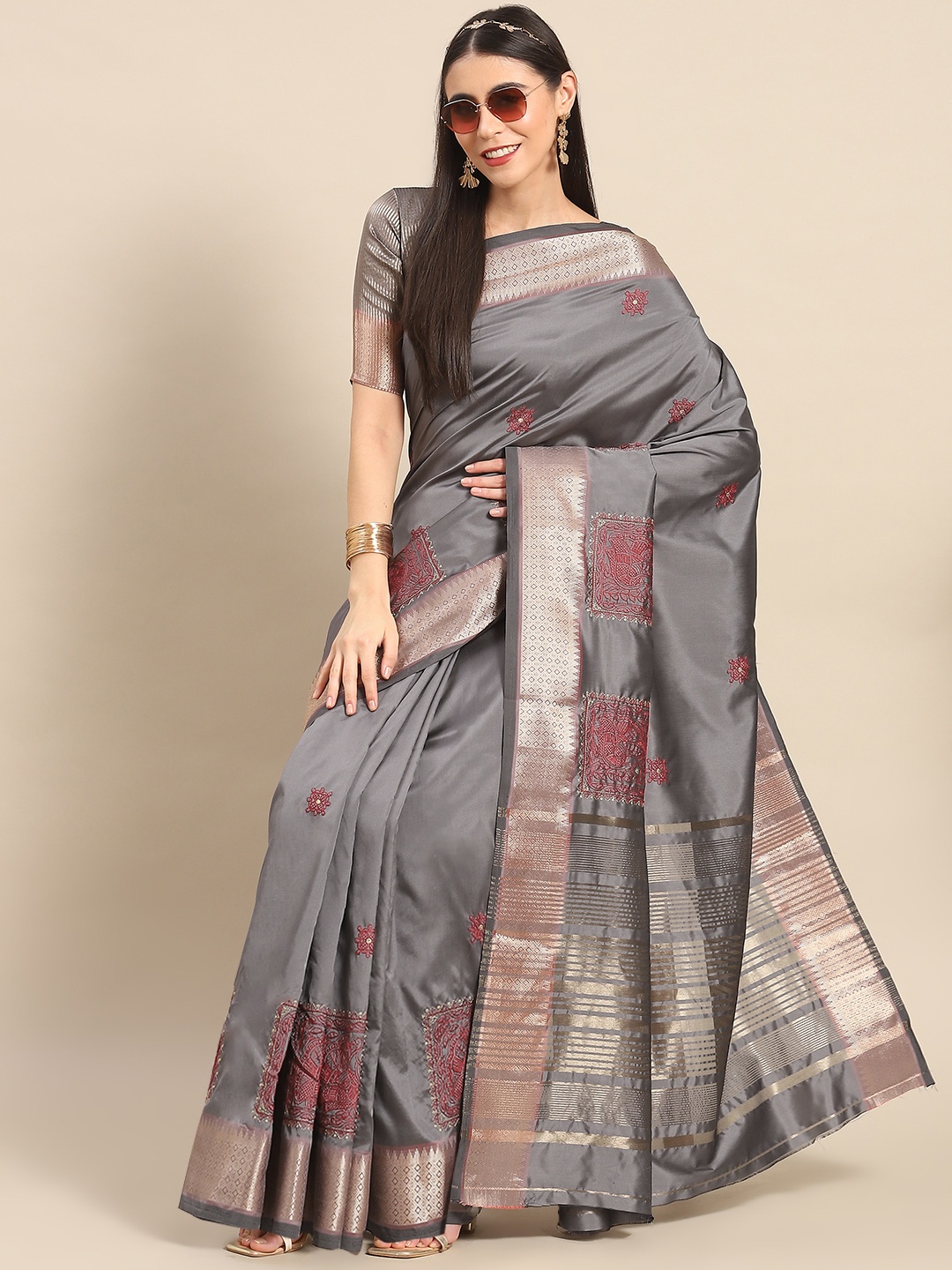 

SERONA FABRICS Zari Silk Cotton Mysore Silk Saree, Grey