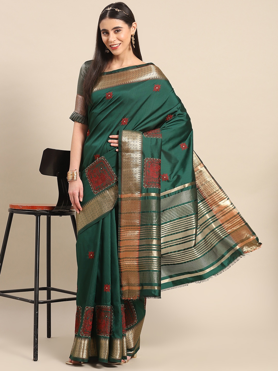 

SERONA FABRICS Zari Silk Cotton Mysore Silk Saree, Green