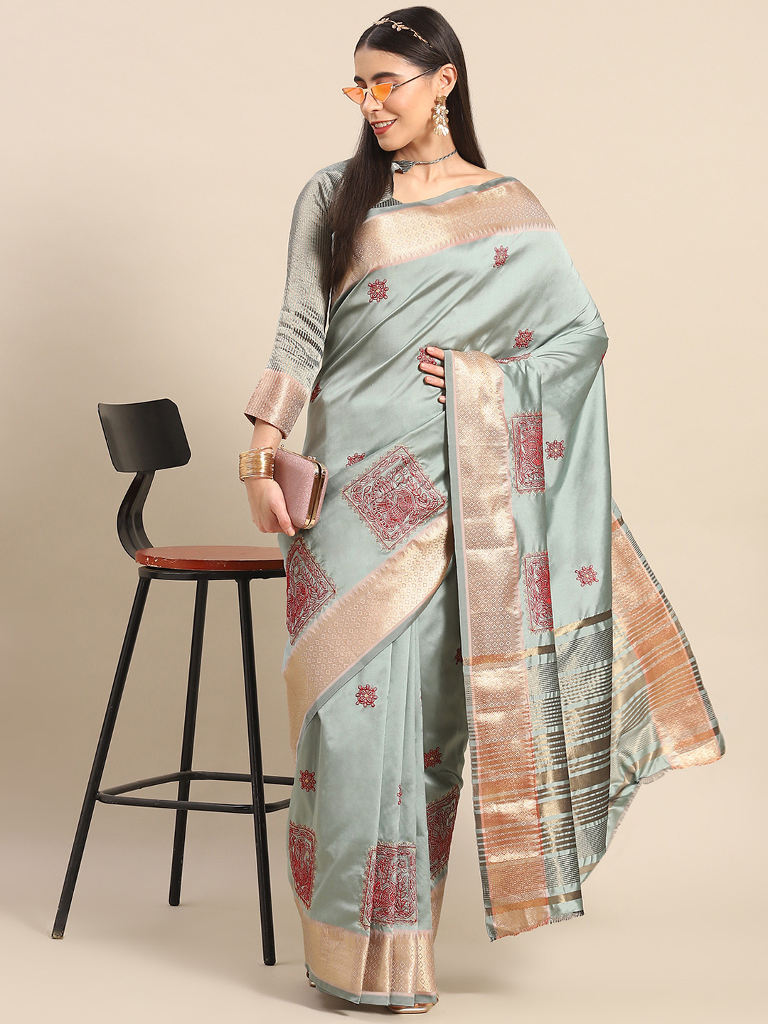 

SERONA FABRICS Floral Embroidered Mysore Silk Cotton Saree, Sea green