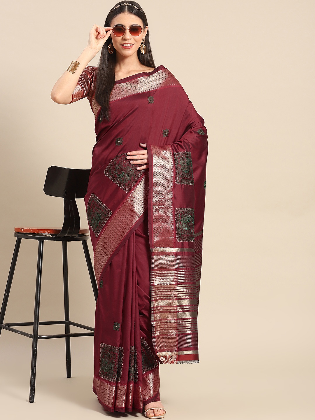

SERONA FABRICS Zari Silk Cotton Mysore Silk Saree, Maroon
