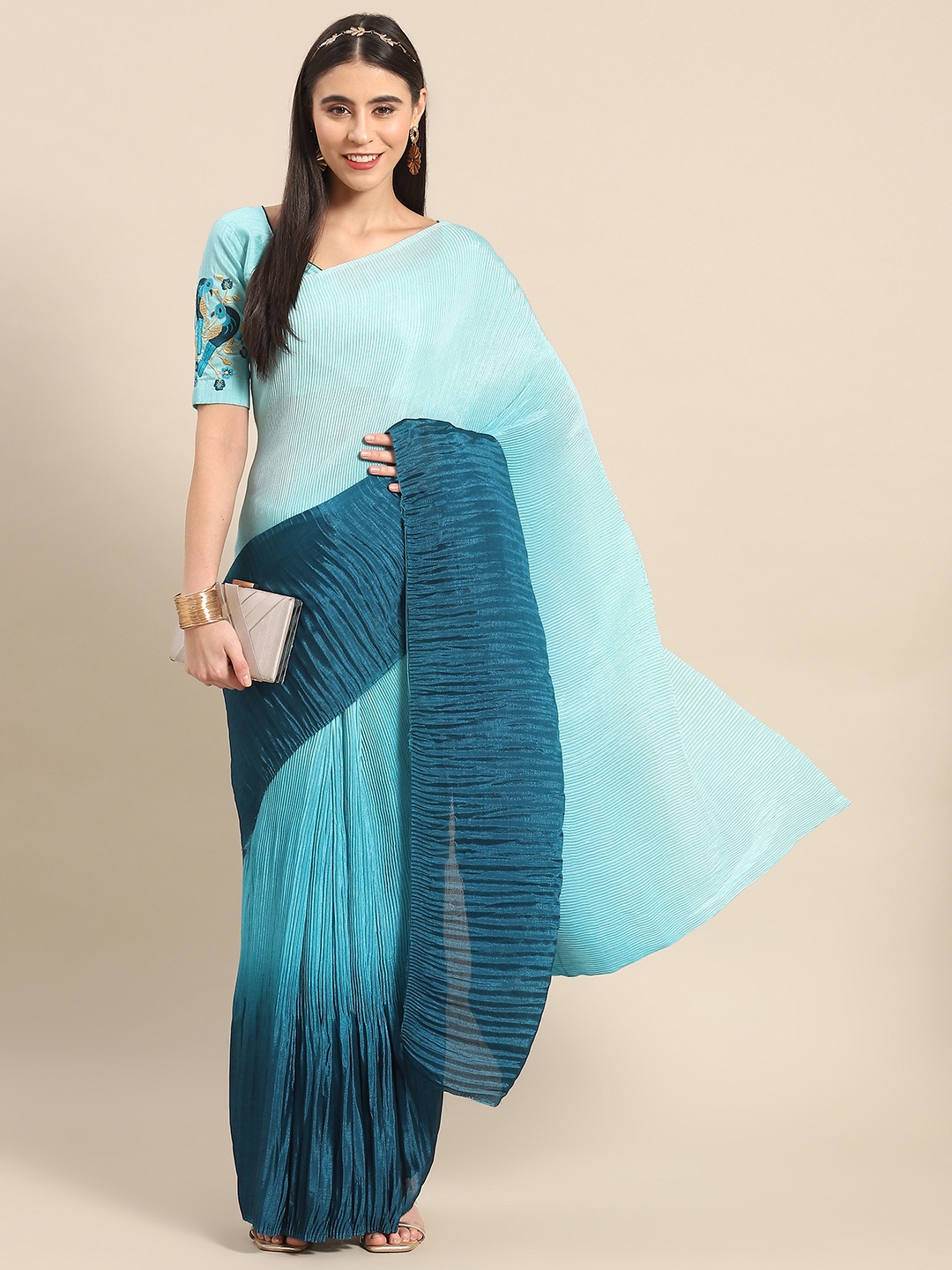 

SERONA FABRICS Colourblocked Silk Blend Mysore Silk Saree, Turquoise blue