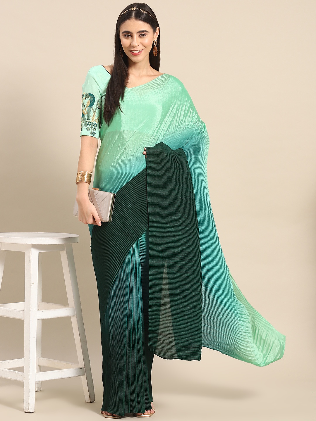 

SERONA FABRICS Colourblocked Silk Blend Mysore Silk Saree, Green