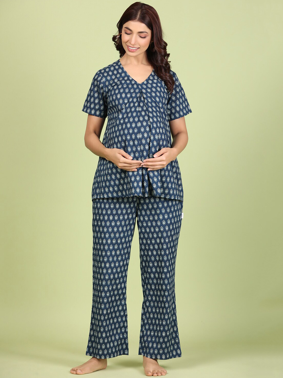 

JISORA Women Printed Matenity Pure Cotton Night suit with Feeding Zips, Blue