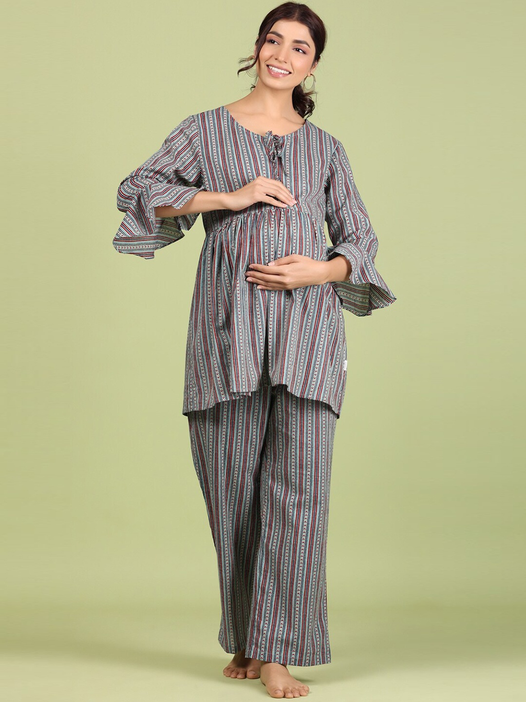 

JISORA Women Printed Matenity Pure Cotton Night suit with Feeding Zips, Blue