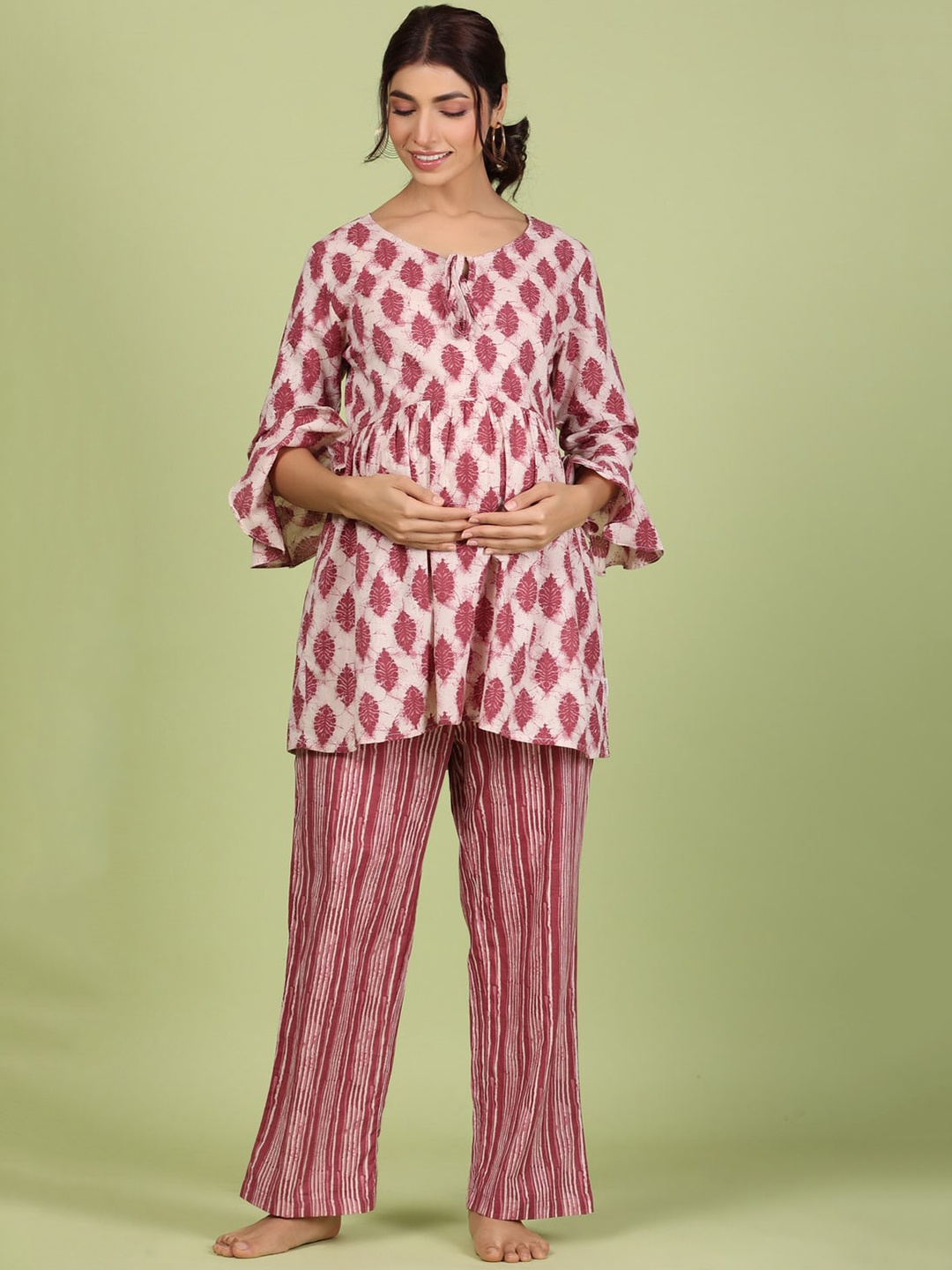 

JISORA Ethnic Motifs Printed Pure Cotton Night suit, White