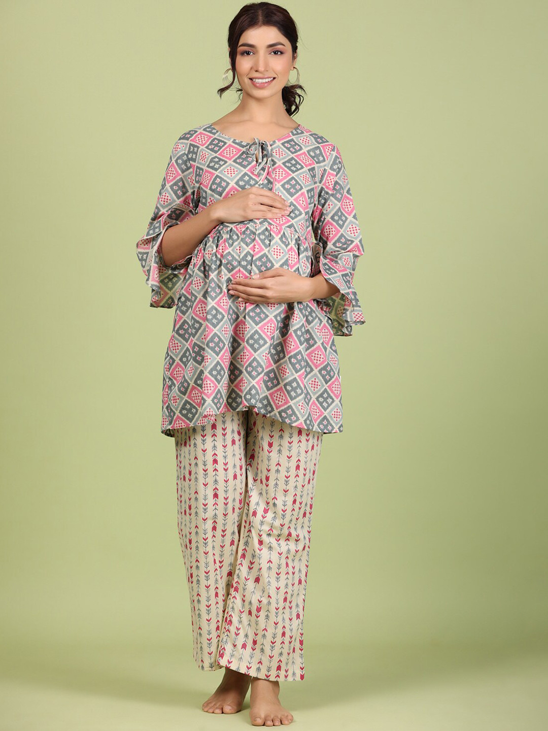 

JISORA Women Printed Pure Cotton Night suit, Grey