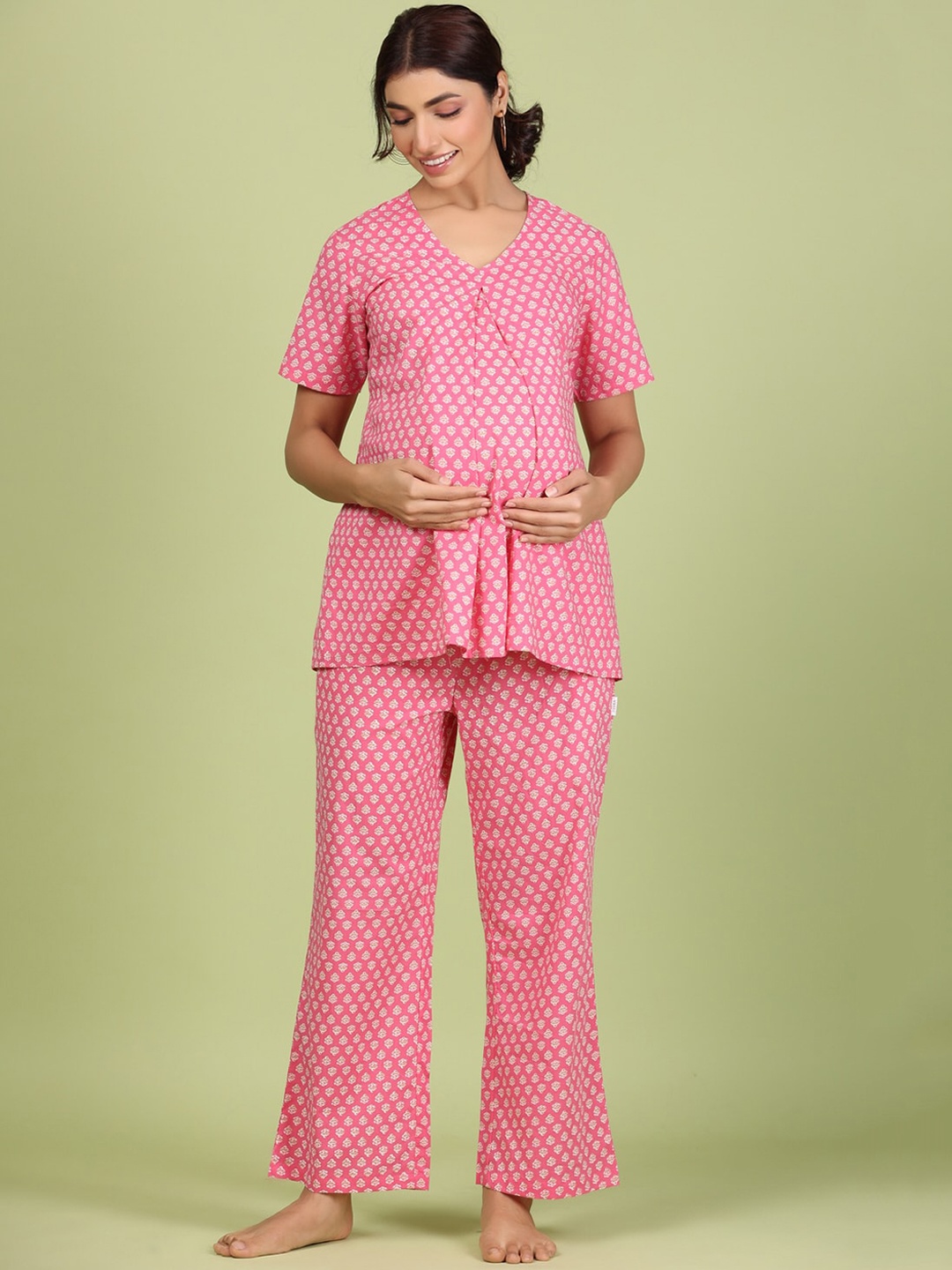 

JISORA Women Printed Pure Cotton Night suit, Pink