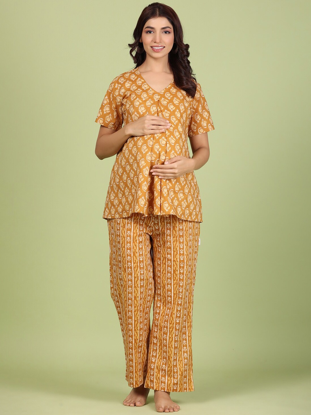 

JISORA Women Printed Pure Cotton Night suit, Mustard