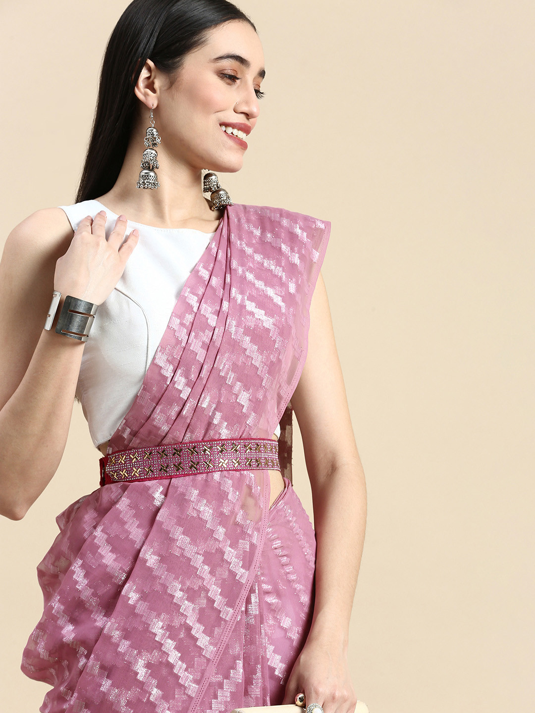 

FASHDEAL Woven Design Moss Chiffon Zari Saree, Purple
