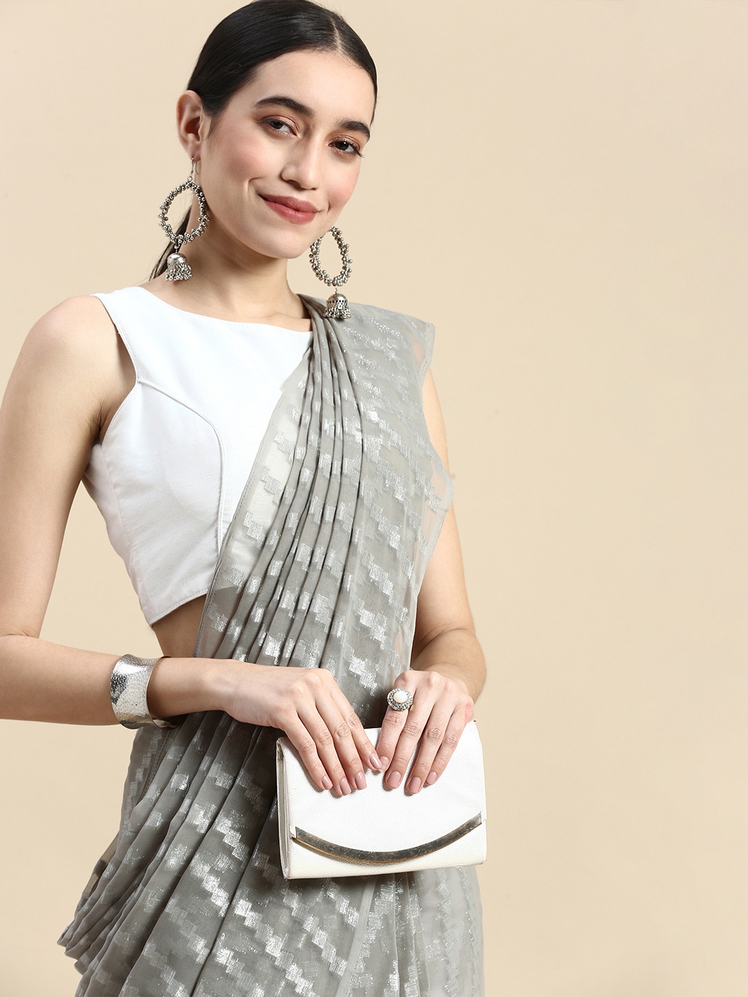 

FASHDEAL Woven Design Moss Chiffon Zari Saree, Grey