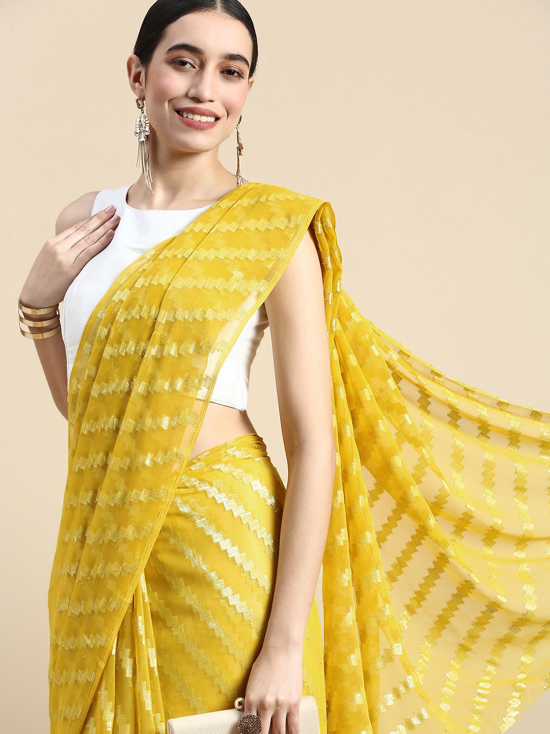 

FASHDEAL Woven Design Moss Chiffon Zari Saree, Yellow