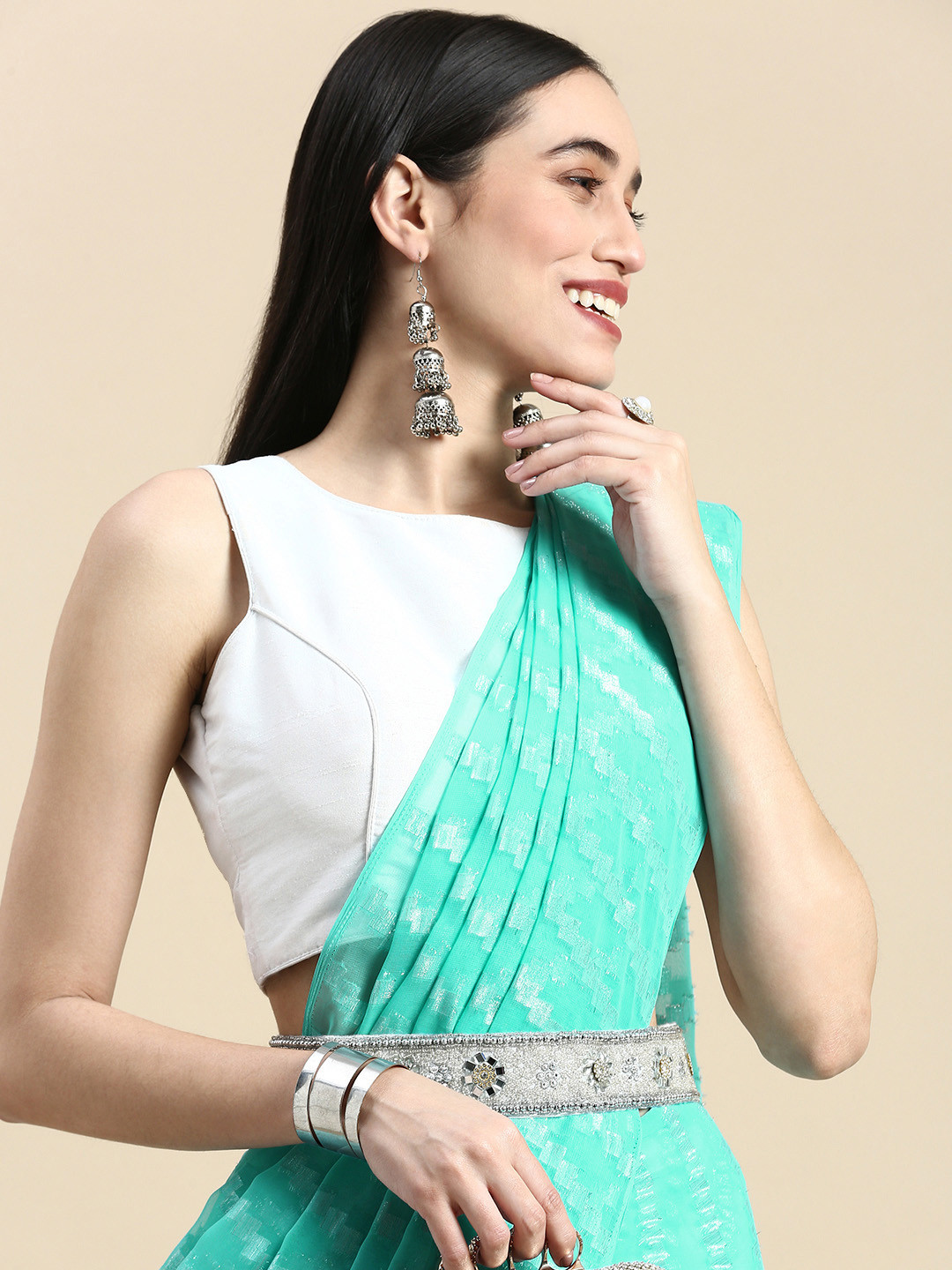 

FASHDEAL Woven Design Moss Chiffon Zari Saree, Blue