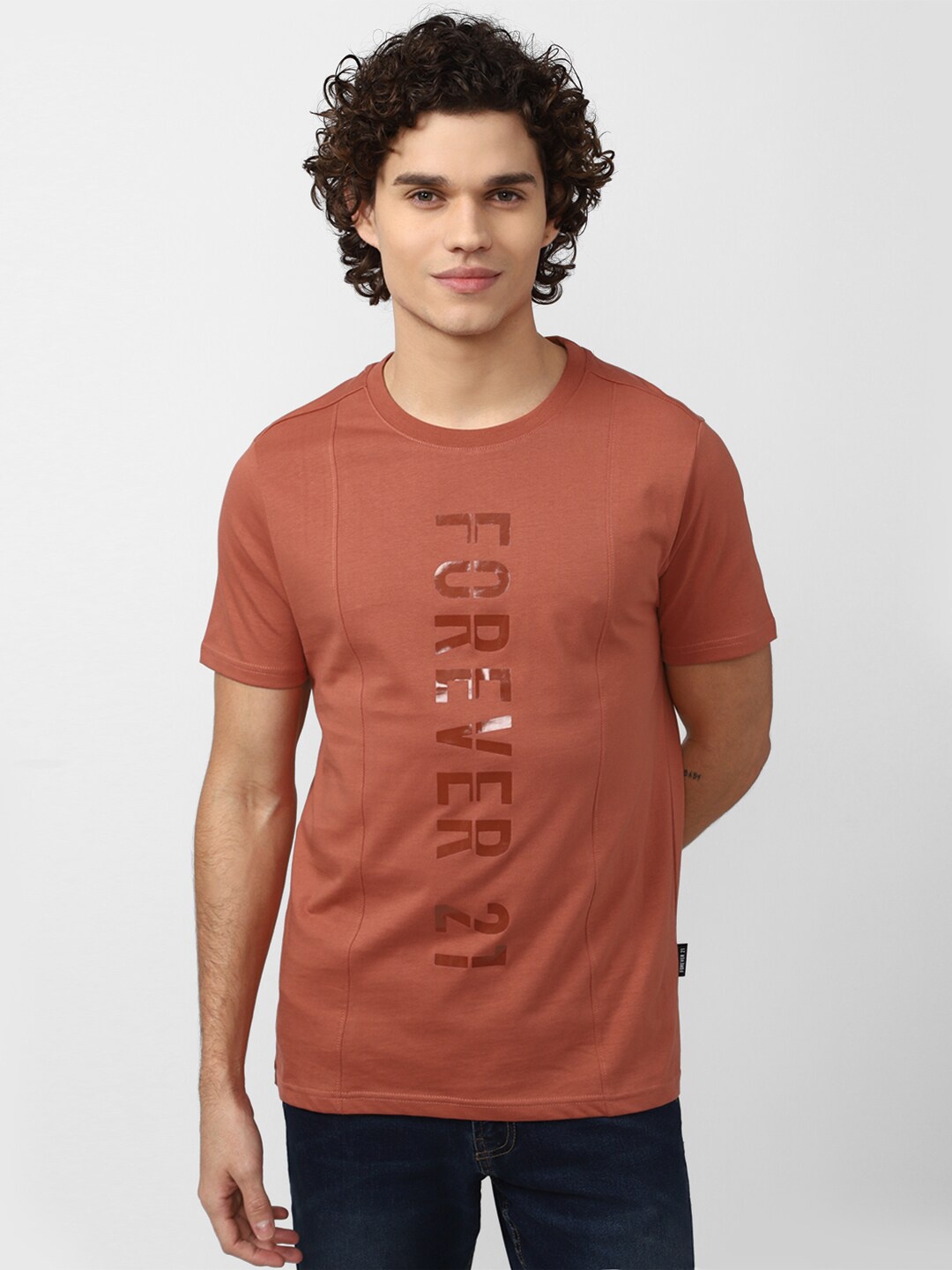 

FOREVER 21 Men Brand Logo Printed Pure Cotton T-shirt, Brown