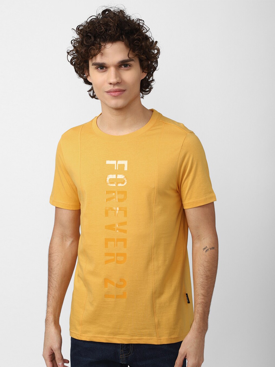 

FOREVER 21 Men Typography Printed Pure Cotton T-shirt, Yellow