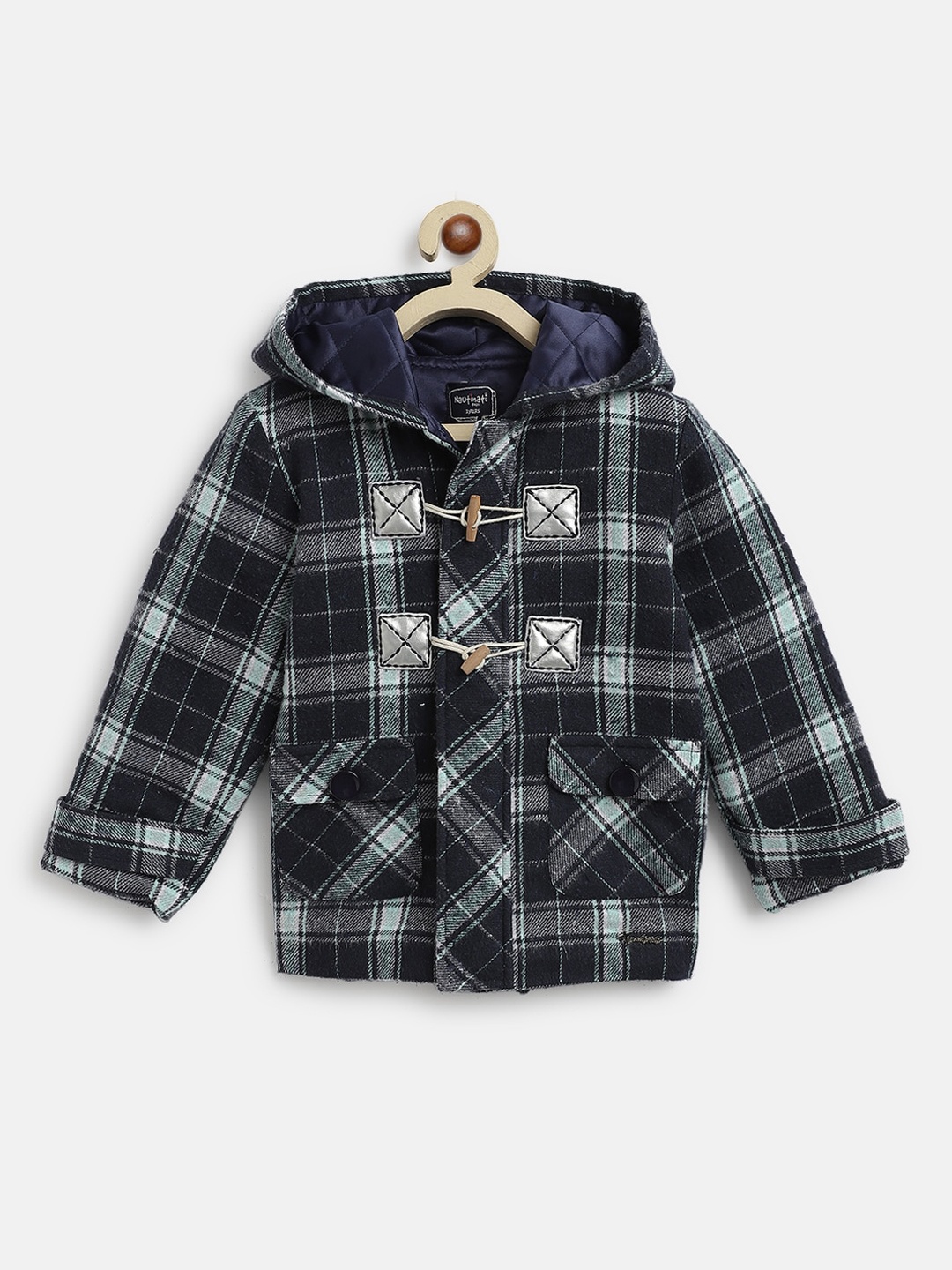 

Nauti Nati Boys Checked Hooded Pure Cotton Open Front Jacket, Navy blue
