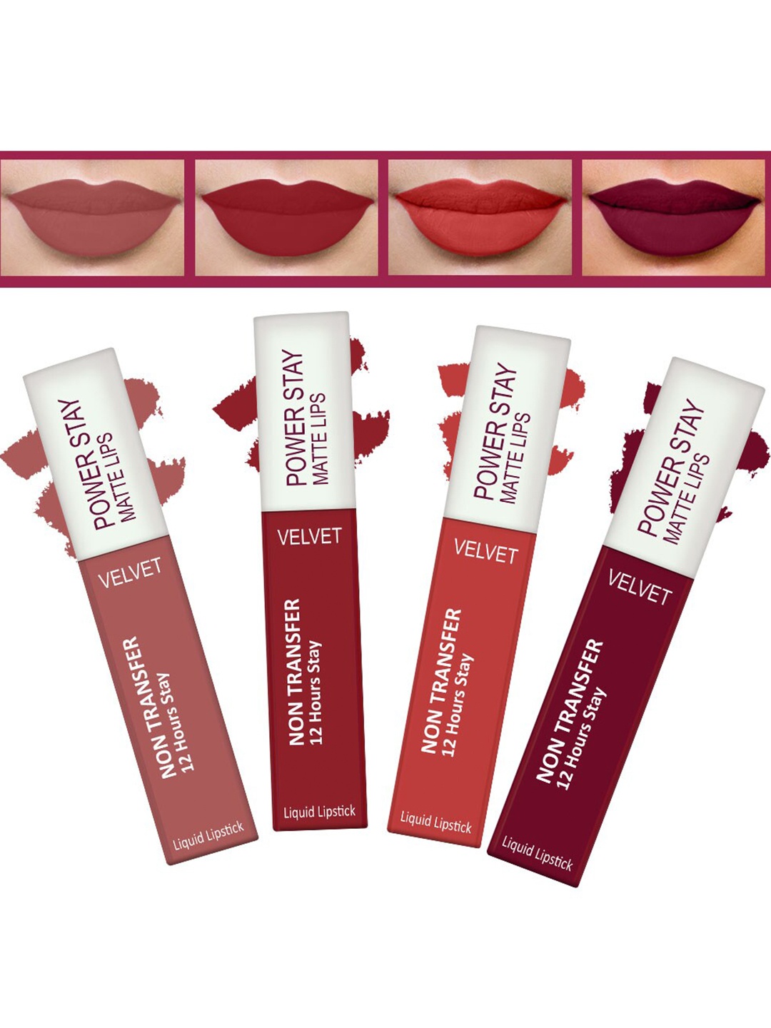

FORFOR Set of 4 Power Stay Matte Lips Non-Transfer 12 Hours Stay Velvet Matte Liquid Lipstick 4 ml Each- Sandy Nude 21-Peppy Red 22-Candy Red 01-Bridal Maroon 09