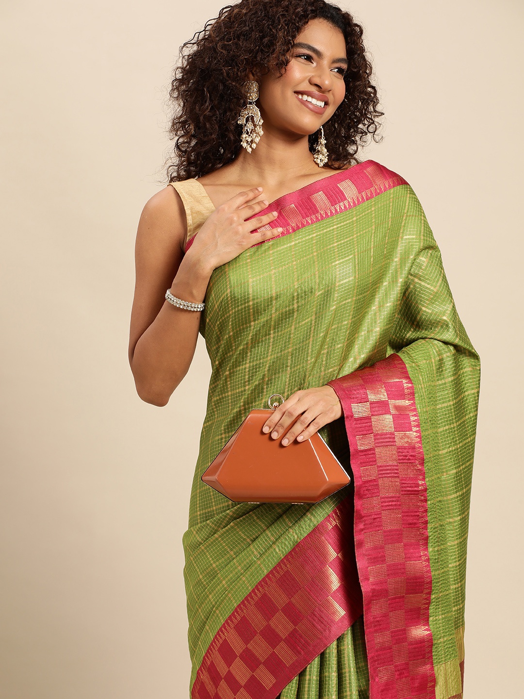 

FASHDEAL Woven Design Checked Pure Cotton Saree, Olive