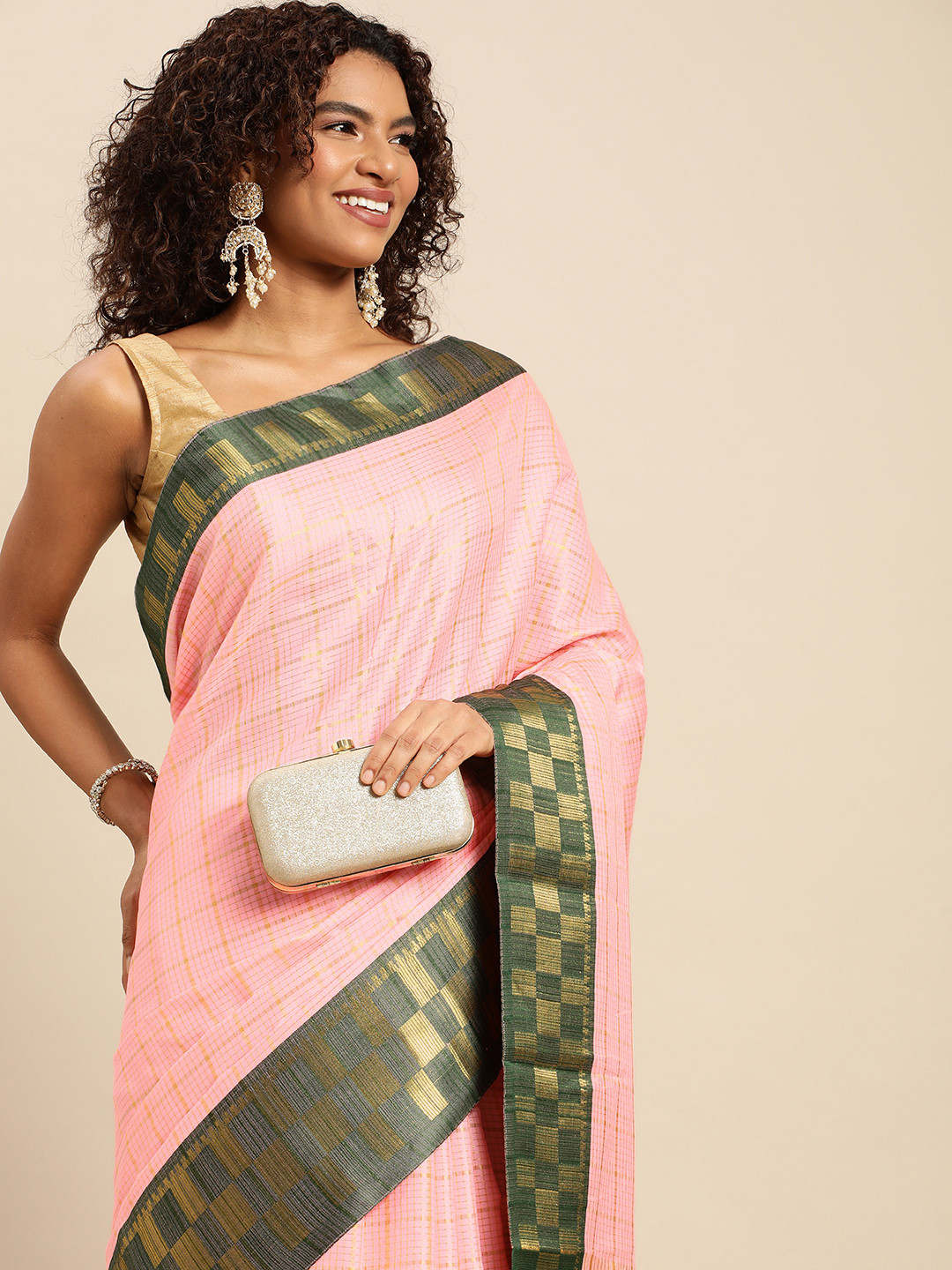 

FASHDEAL Woven Design Checked Pure Cotton Saree, Pink