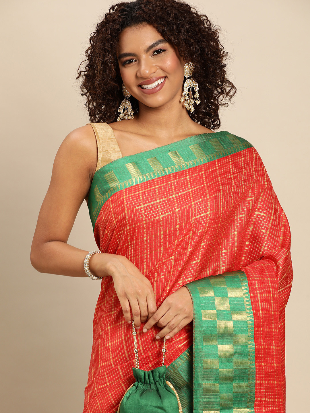 

FASHDEAL Woven Design Checked Pure Cotton Saree, Red