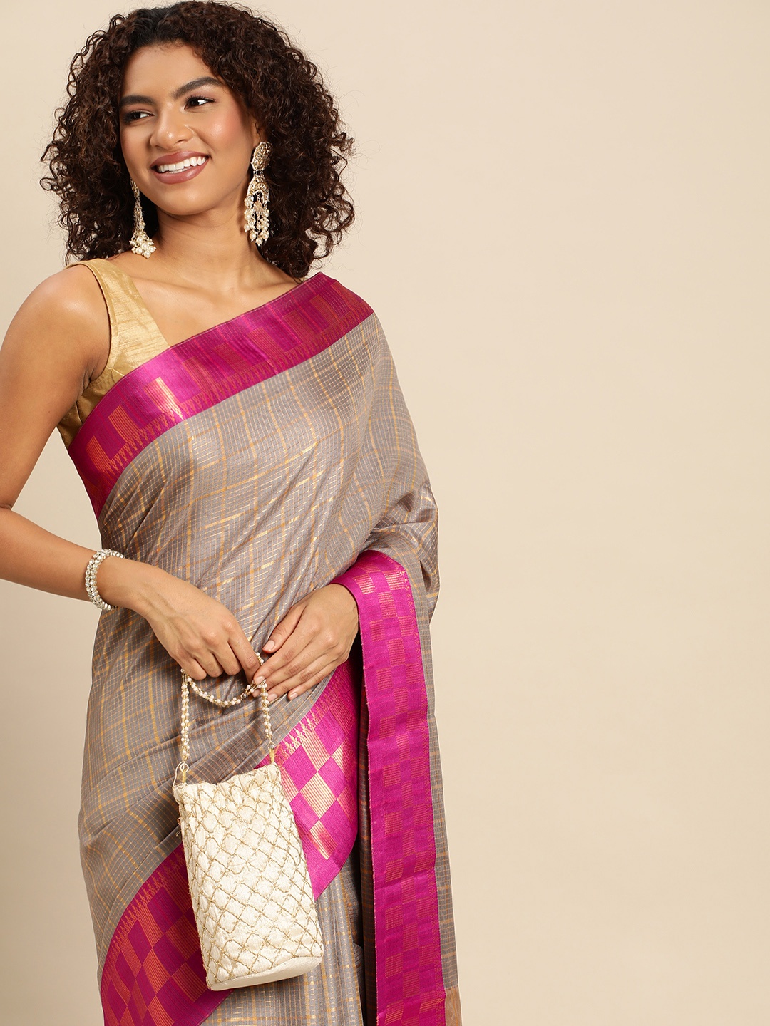

FASHDEAL Grey & Pink Zari Jacquard Pure Cotton Saree