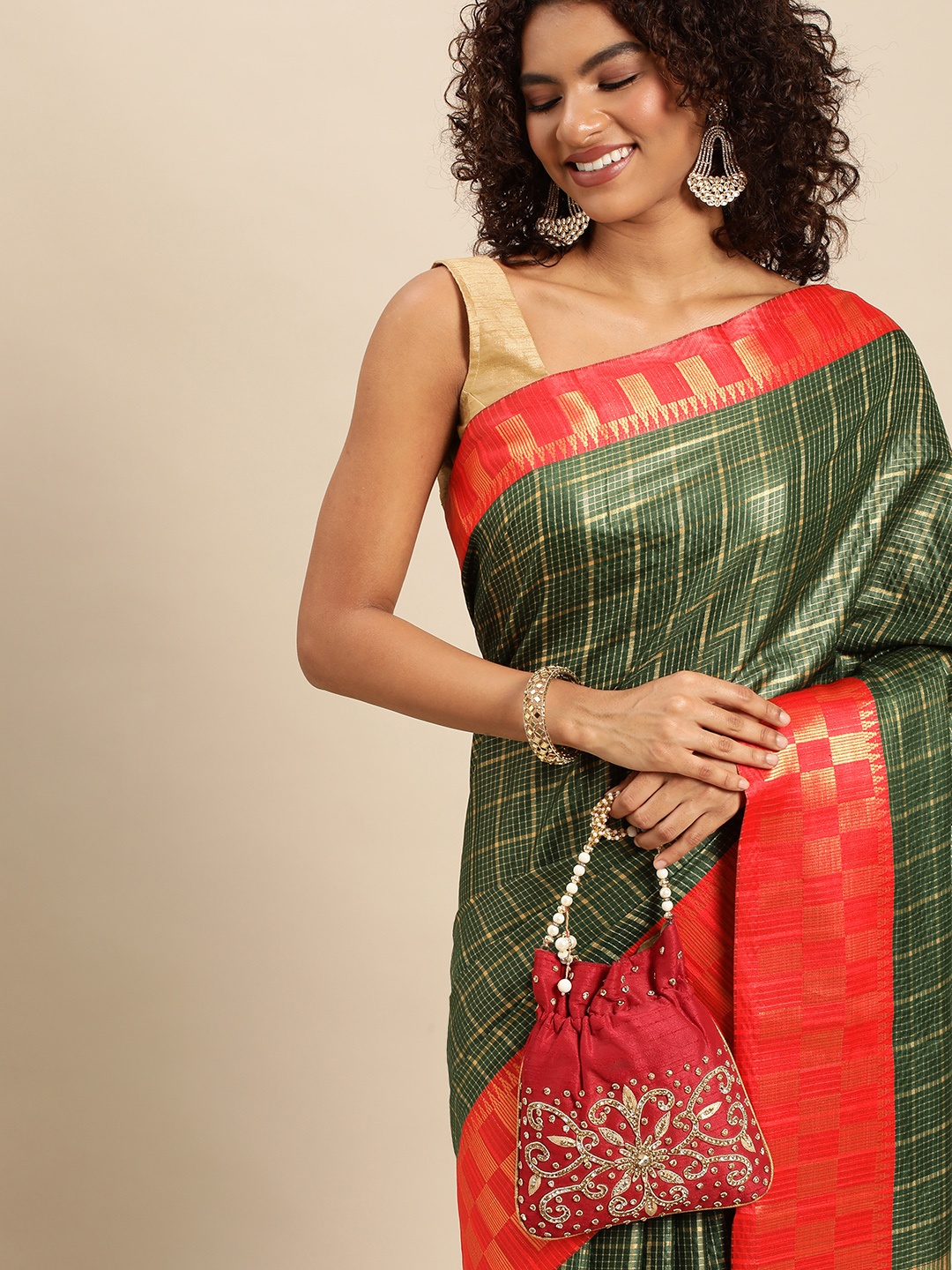 

FASHDEAL Green & Red Zari Jacquard Pure Cotton Saree