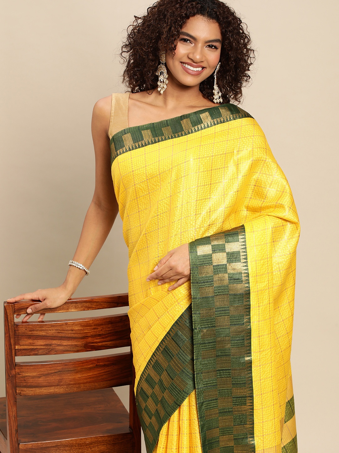 

FASHDEAL Woven Design Checked Pure Cotton Saree, Yellow