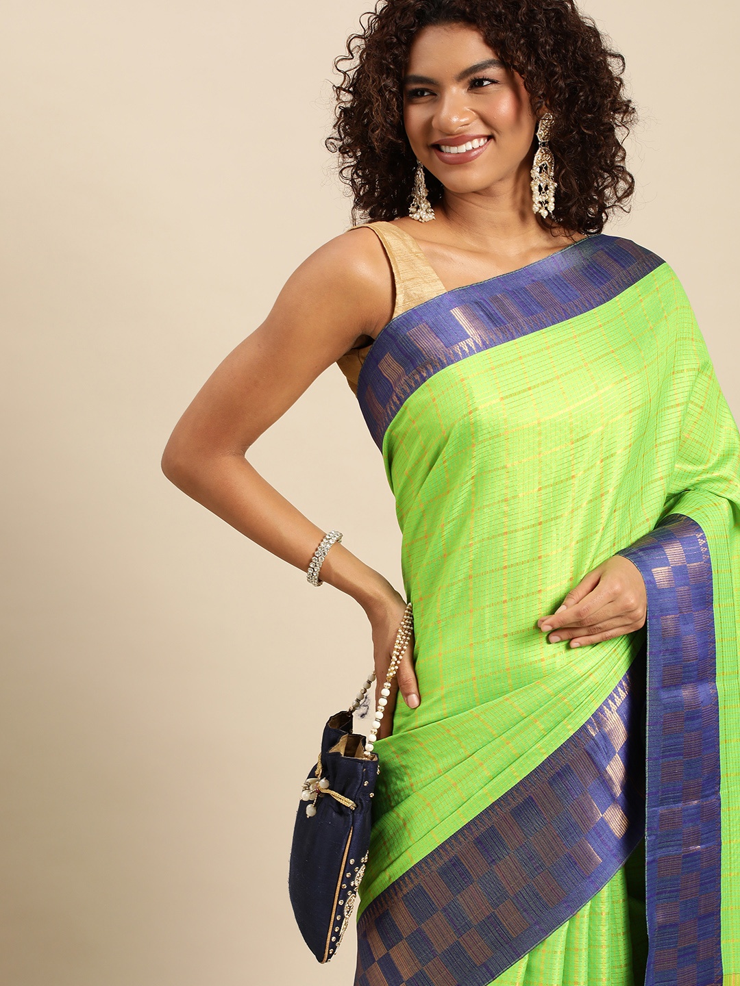 

FASHDEAL Green & Navy Blue Zari Jacquard Pure Cotton Saree