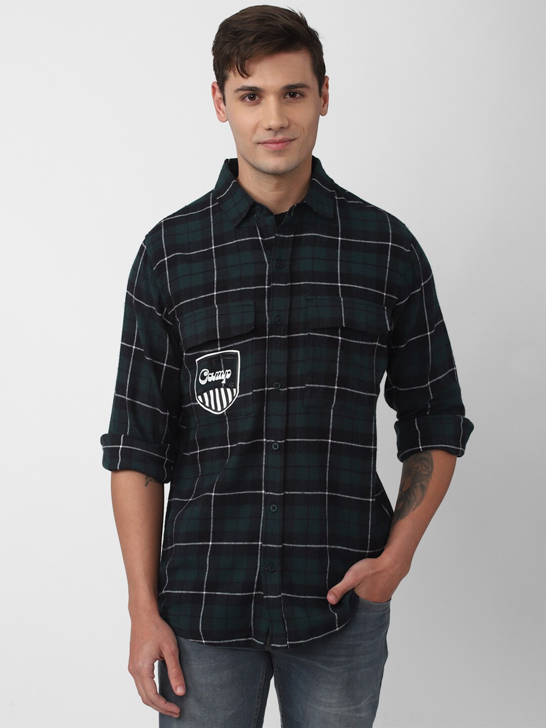 

FOREVER 21 Men Cotton Tartan Checks Checked Casual Shirt, Green