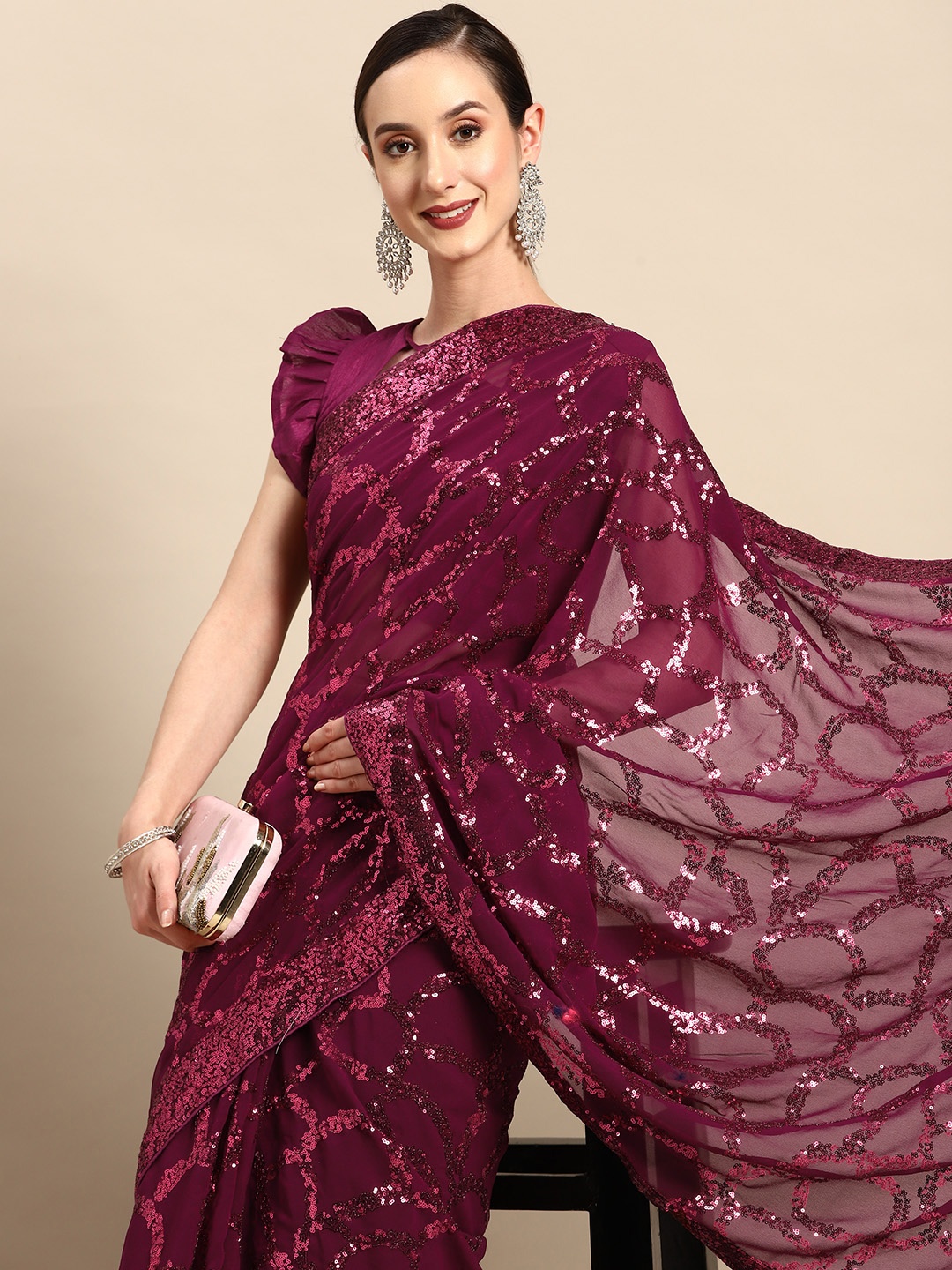 

SERONA FABRICS Sequinned Embellished Pure Georgette Saree, Pink