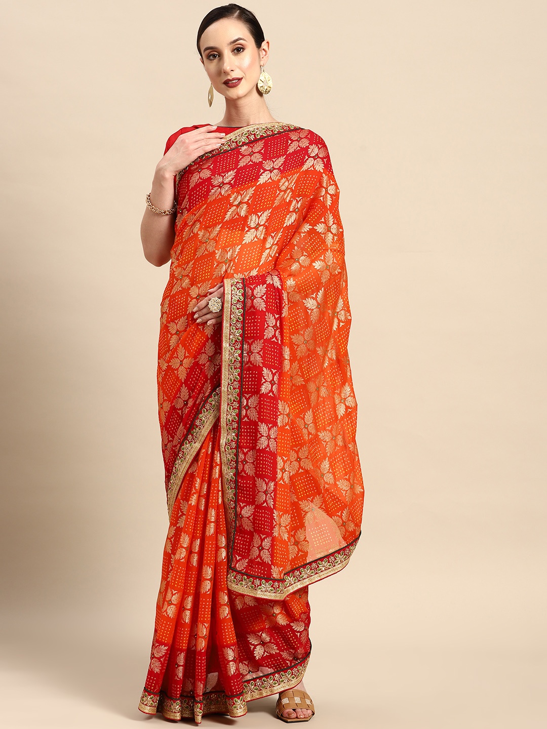 

SERONA FABRICS Bandhani Zari Pure Georgette Saree, Orange