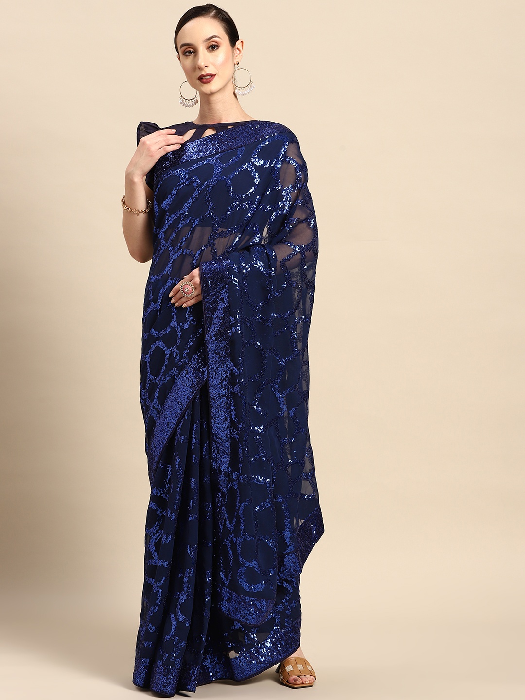 

SERONA FABRICS Embellished Sequinned Pure Georgette Saree, Navy blue