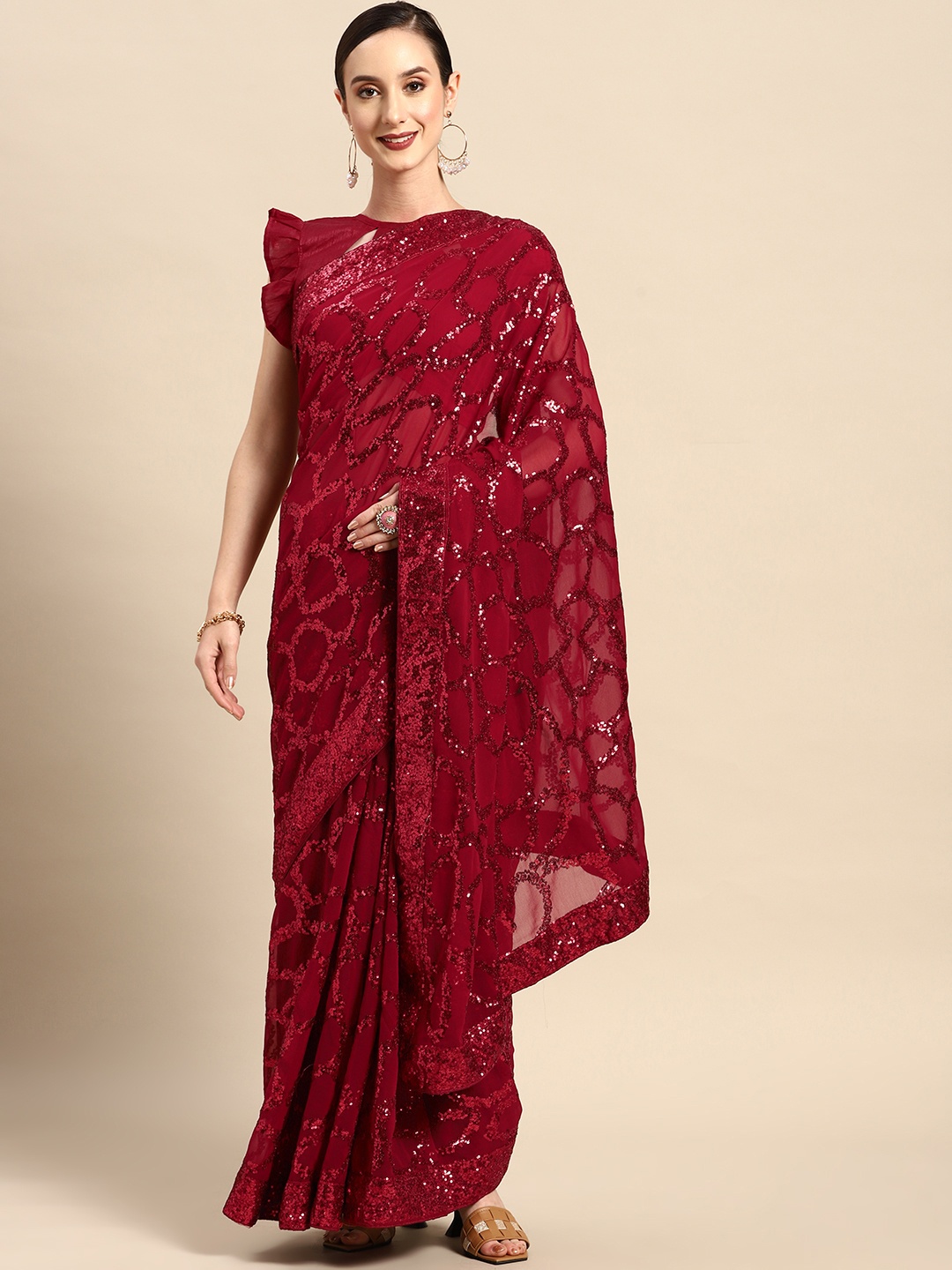 

SERONA FABRICS Embellished Sequinned Pure Georgette Saree, Maroon