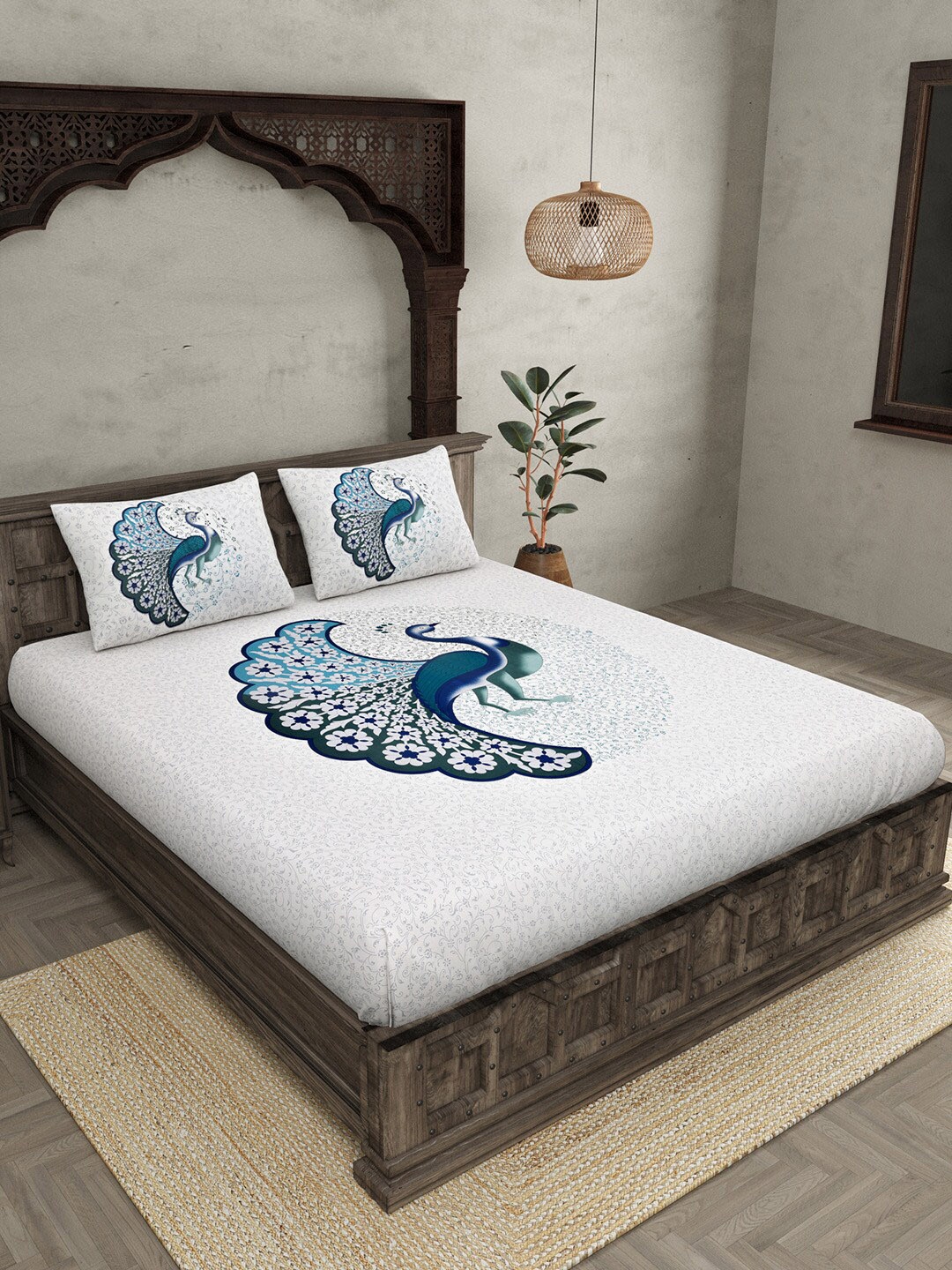 

JAIPUR FABRIC White & Blue Printed 240 TC Cotton King Bedsheet with 2 Pillow Covers