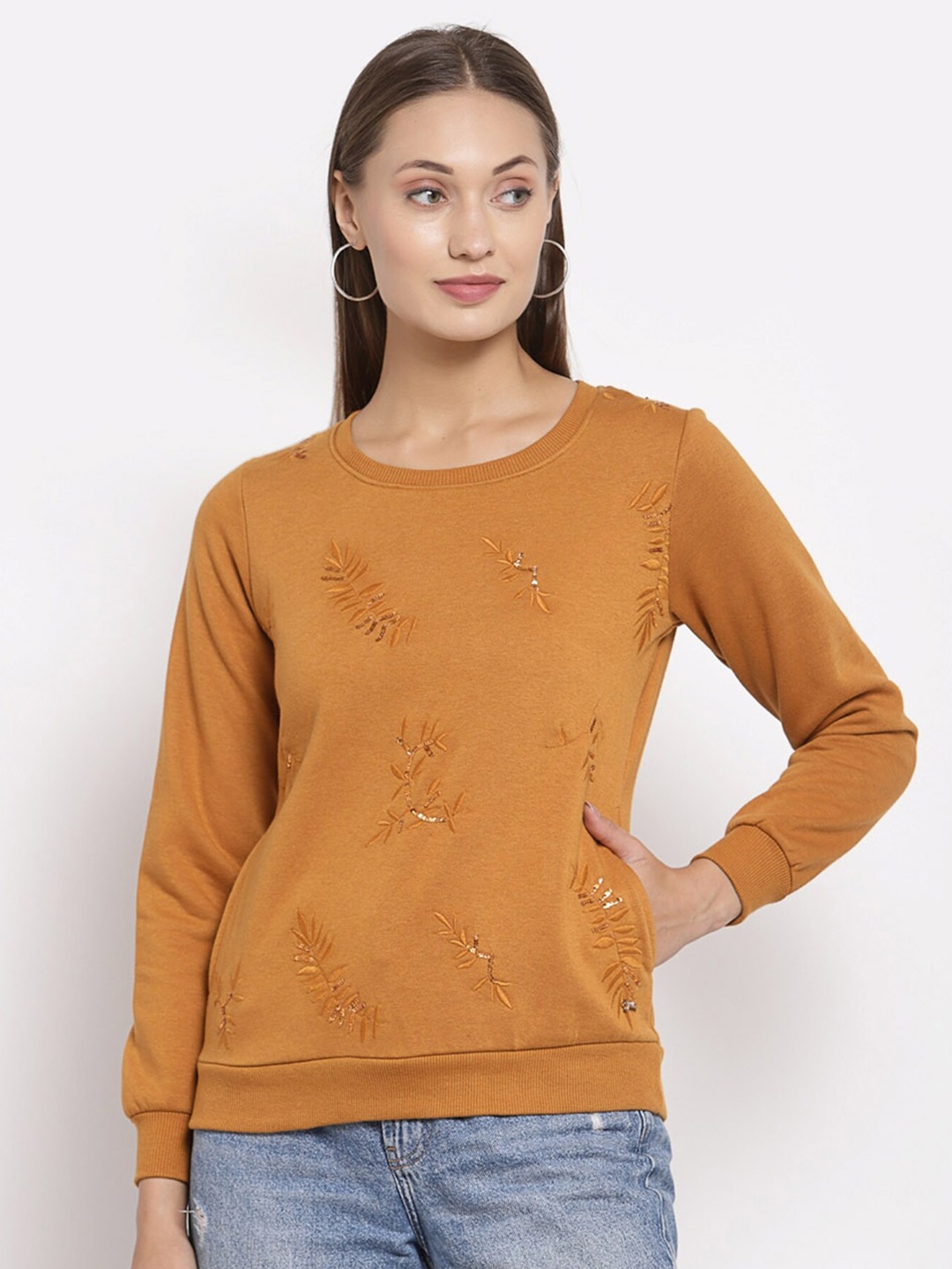 

Juelle Round Neck Embroidered Sweatshirt, Mustard