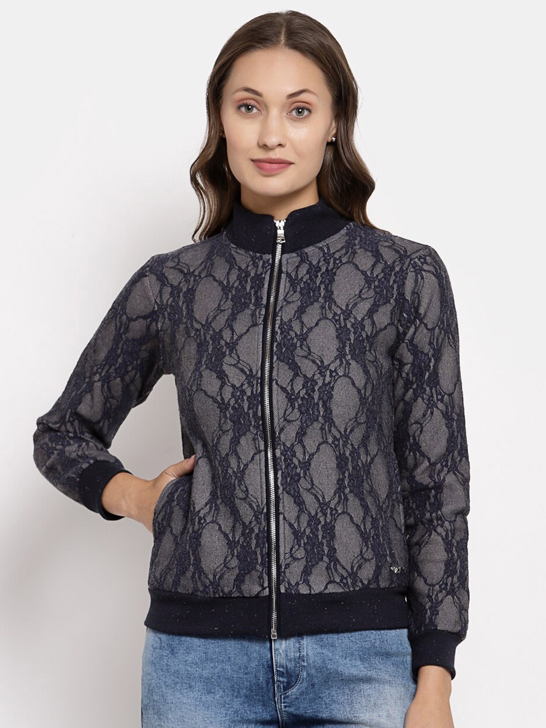 

Juelle Front-Open Self Design Sweatshirt, Navy blue