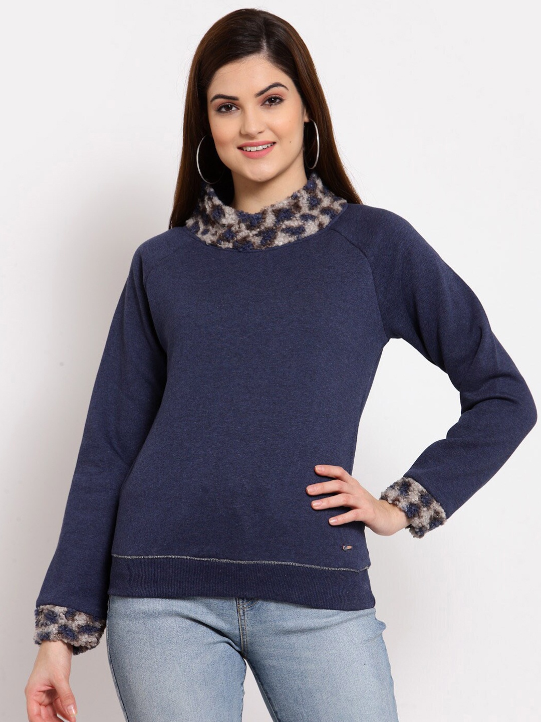 

Juelle Women Fleece Solid High Neck Sweatshirt, Navy blue