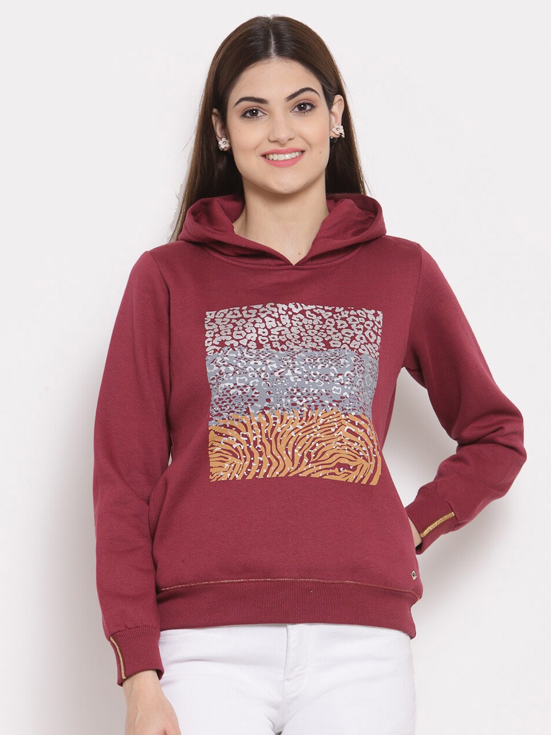 

Juelle Women Graphic Printed Fleece Hooded Sweatshirt, Maroon