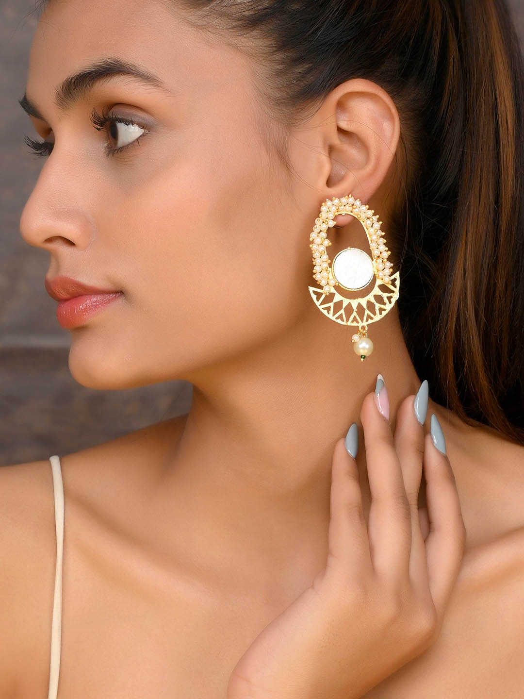 

Silvermerc Designs Pearls Studded Gold-Plated Drop Earrings